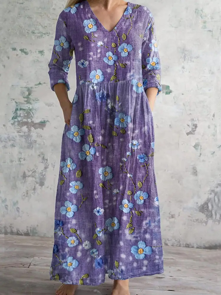 Purple Floral Art Alzheimer's Awareness Embroidery V Neck Midi Dress