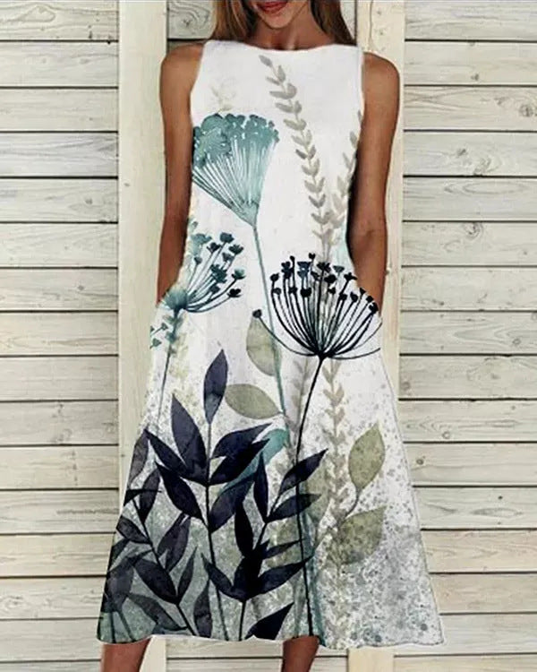 Groovy Plant Print ujjatlan Midi ruha