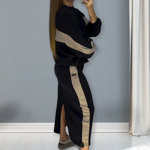 Completo top a maniche lunghe colorblock e gonna spaccata