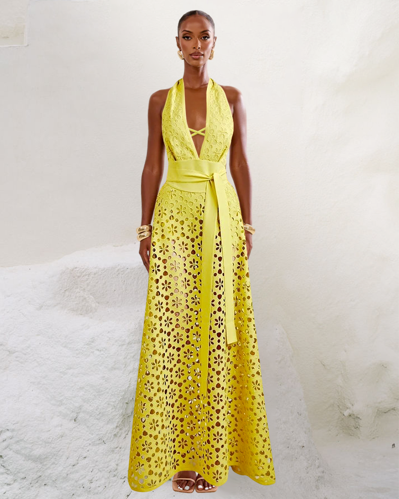 Yellow Color Laser Cutting Flower Hollow One Piece Swimsuit and Skirt