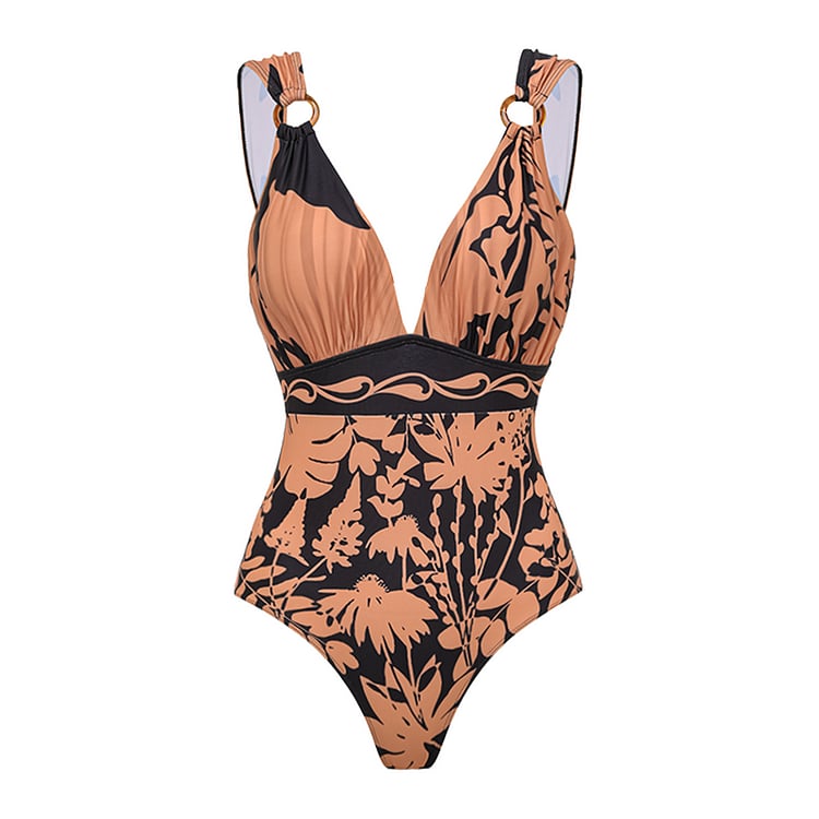 2025 New V Neck Shadow of Trees Printed One Piece Swimsuit Set