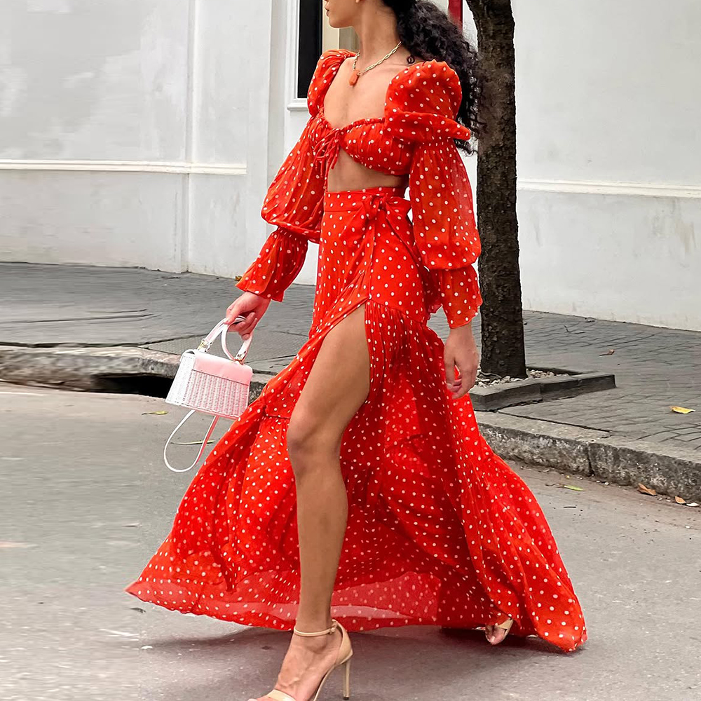 2025 New Lone Sleeve Red Polka Dots Bikini Swimsuit and Skirt