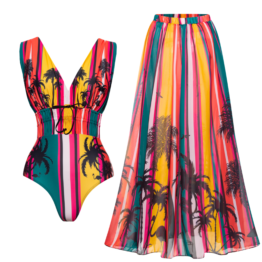 🎀Rainbow Coconut Tree print One Piece Swimsuit and Skirt