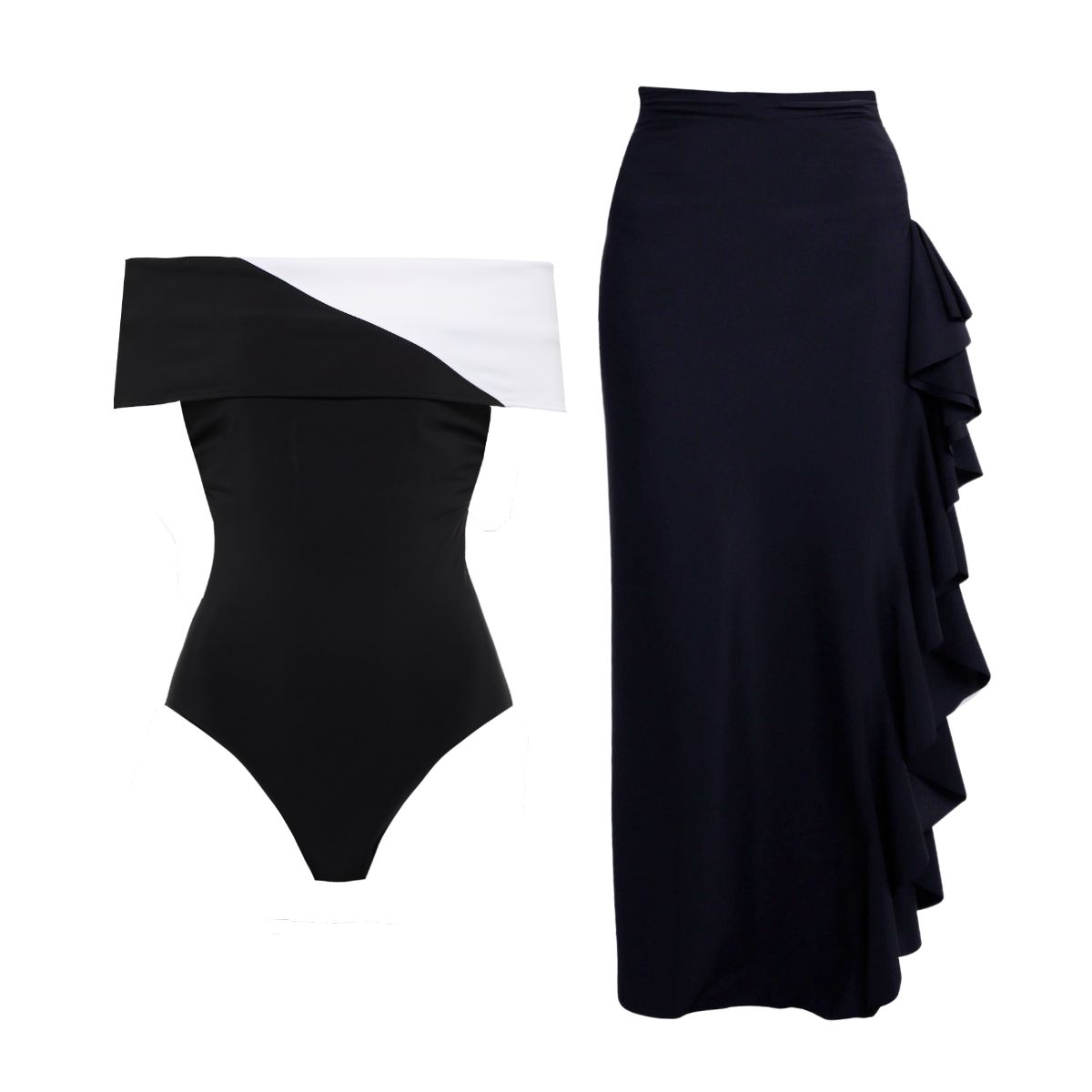 Off Shoulder Color Block One Piece Swimsuit and Skirt
