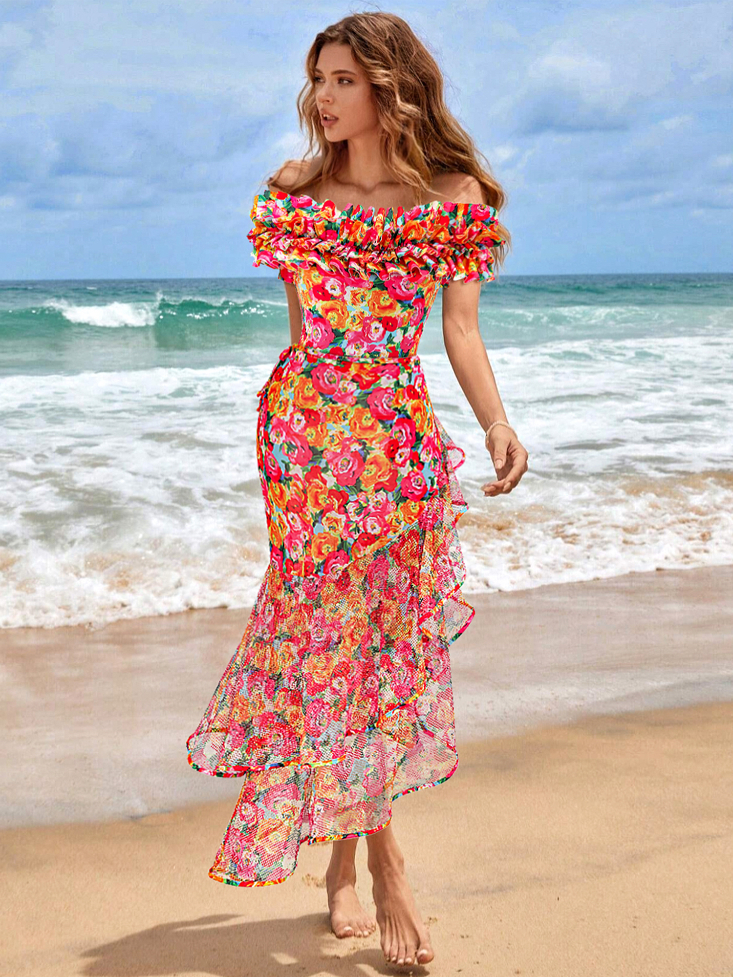 👑 Detachable Double Shoulder Strap With Ruffles One Piece Swimsuit and Sarong 💟
