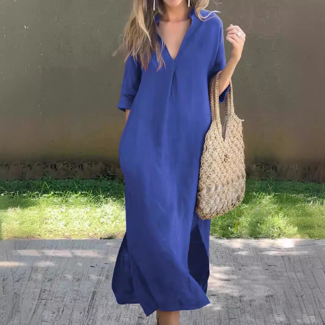 Abito da donna in cotone e lino con scollo a V e maniche corte