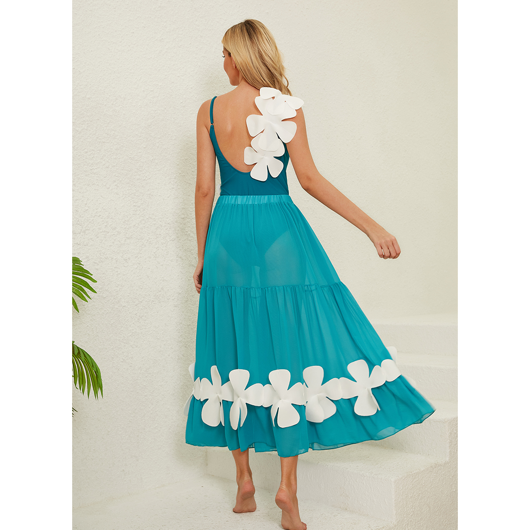 3D Flower Backless One Piece Swimsuit and Skirt