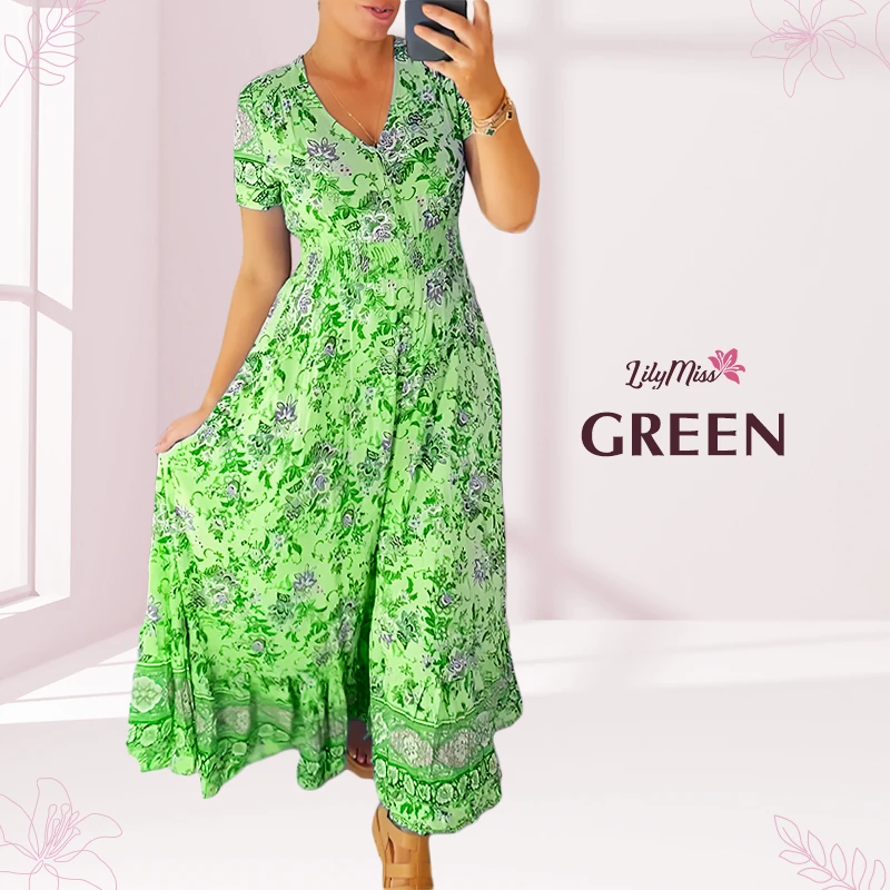 LilyMiss – Vestido maxi floral casual estampado com decote em V e cintura plissada