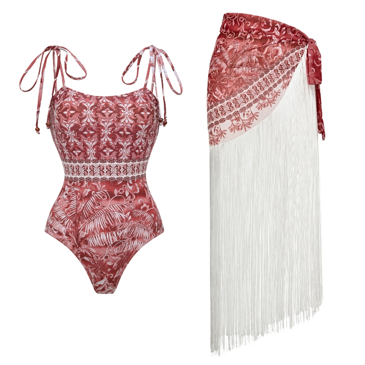 Tie-up b rown Retro Forest Print One Piece Swimsuit and Skirt