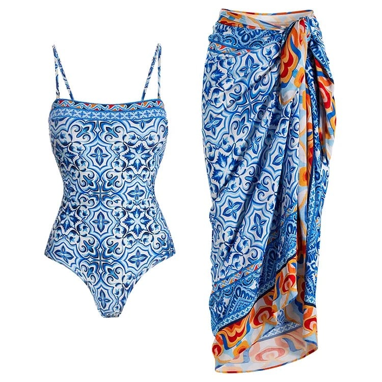 New Arrival - Blue And White Porcelain Print One Piece Swimsuit Set