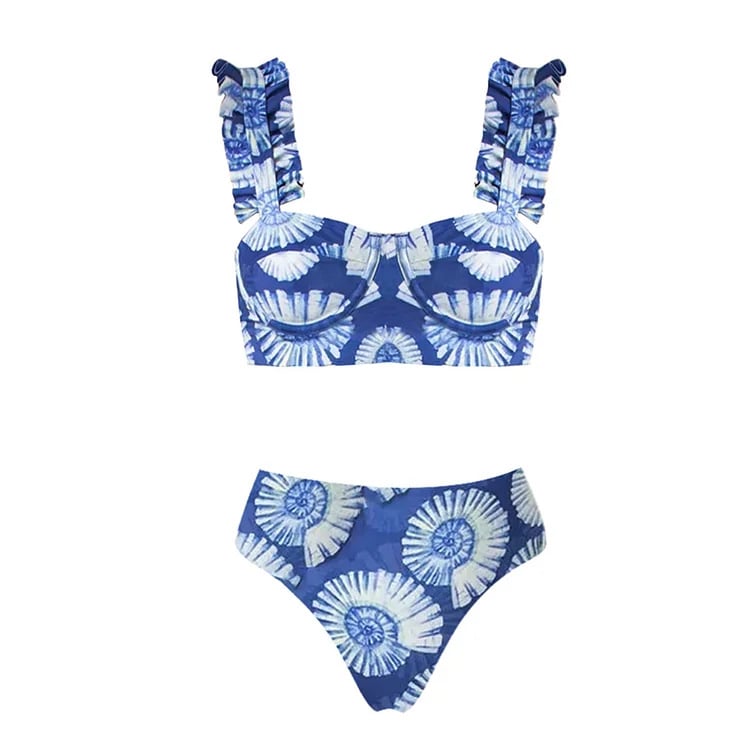V Neck Blue Floral print OnePiece Swimsuit