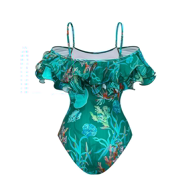 2025 New design - Removable Shoulder Strap Off Shoulder Marine Organism One Piece Swimsuit Set