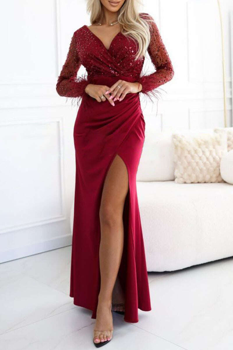 💃 Vestido longo feminino sexy, justo, com decote em V e lantejoulas