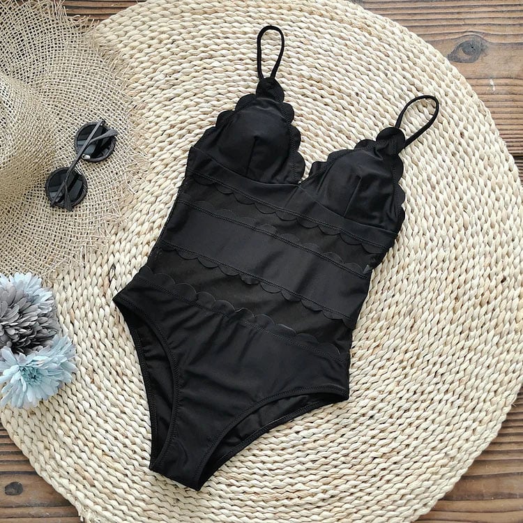2025 New Mesh Splice Black One Piece Swimsuit Set