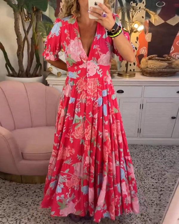 Fresh V-neck floral dress Vibrant Floral Dress