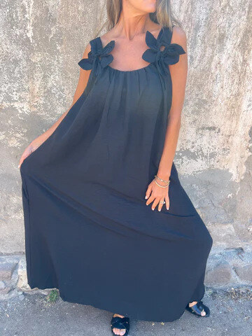 💕Vestido feminino de cor sólida com estampa floral e decote em U