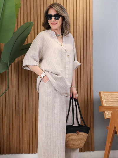 Completo casual da donna in cotone e lino a righe