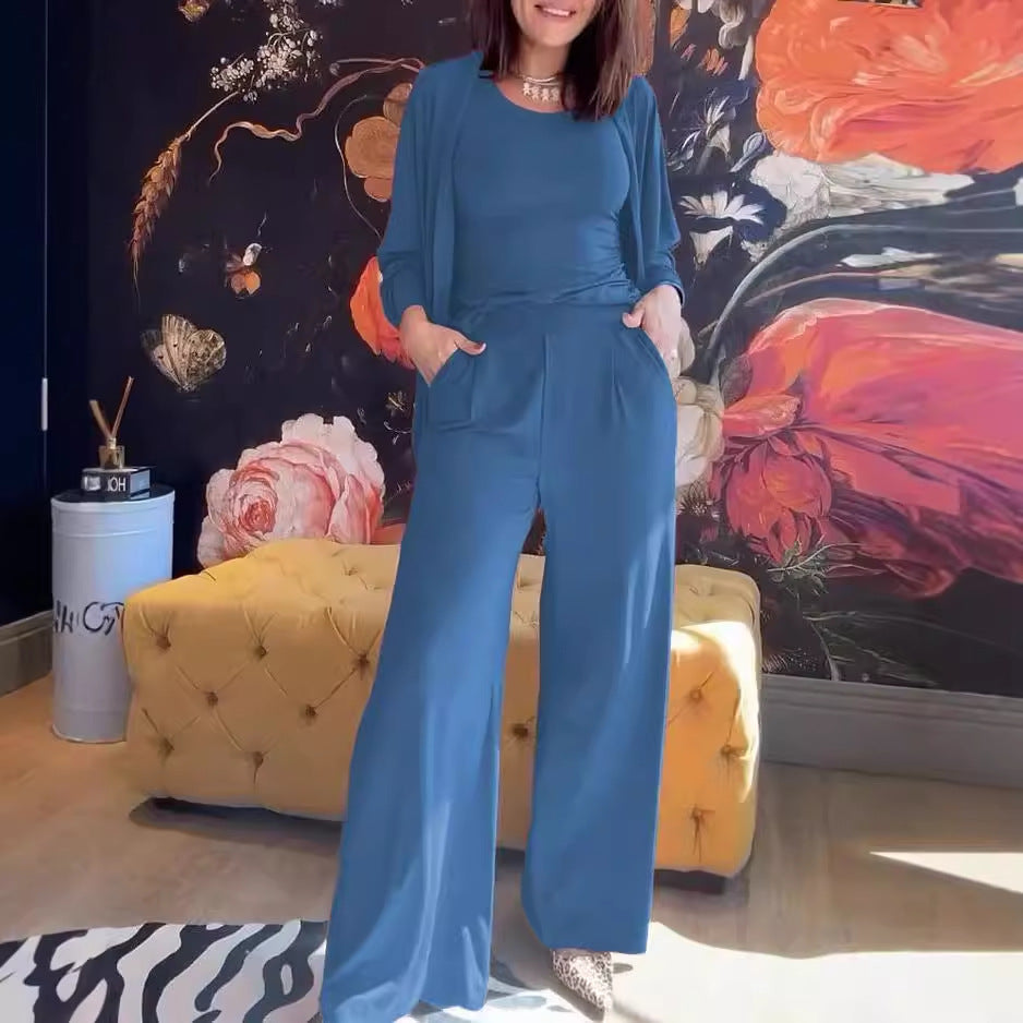 Set di tre pezzi, giacca gilet casual e confortevole, pantaloni a gamba larga