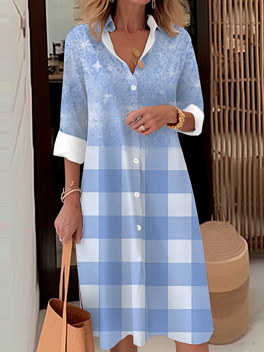 Abito elegante ampio stampato in stile casual scozzese tinta unita