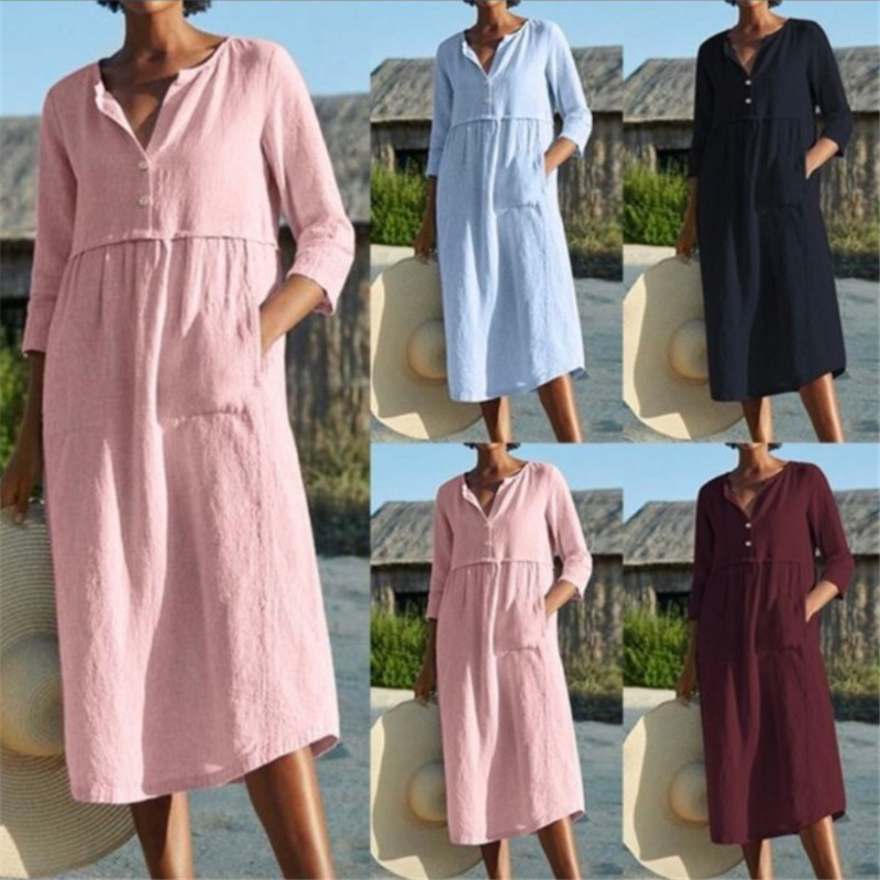 【S-5XL】2024 primavera e verão novo vestido com bolso e botão