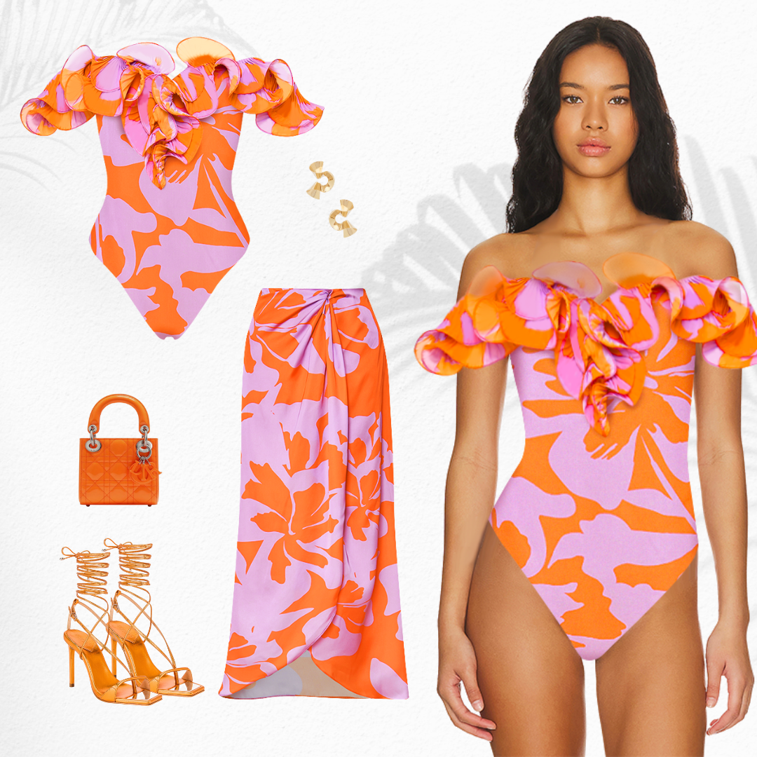 2025 New Off Shoulder Ruffled Printed One Piece Swimsuit and Skirt