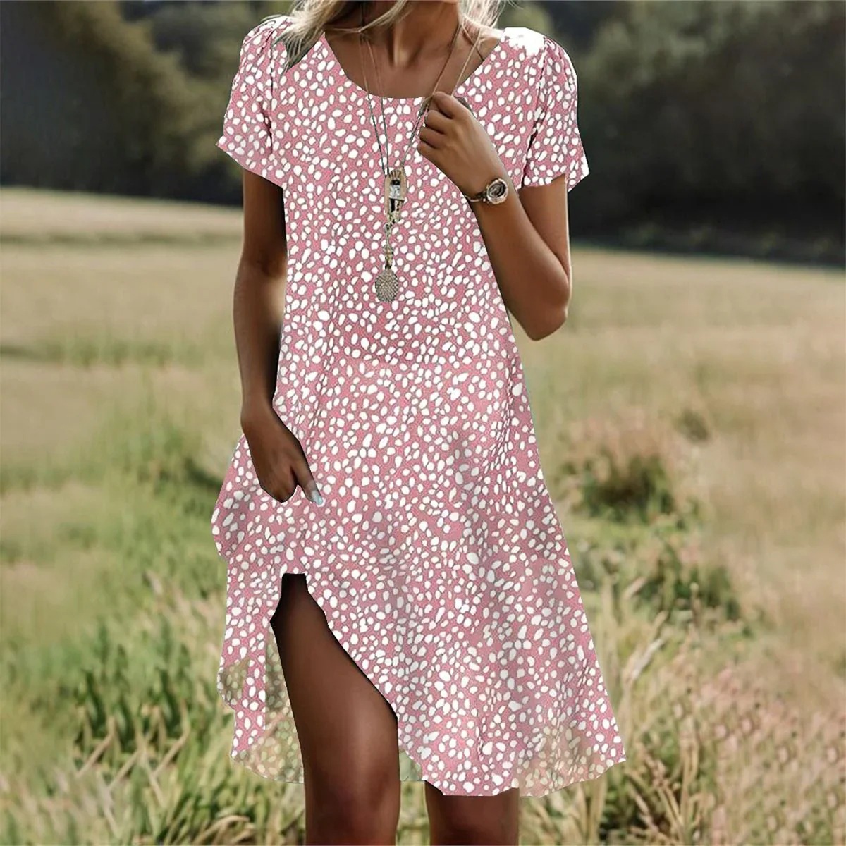 【S-3XL】2024 novo estilo de verão artístico étnico em torno do pescoço vestido de comprimento médio