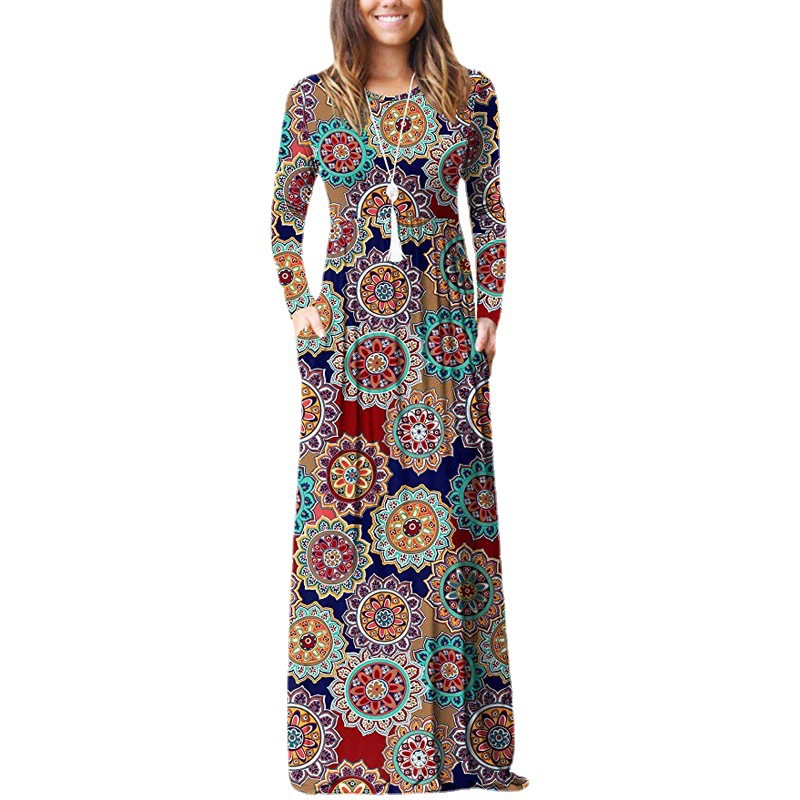Amazon WISH hit 2023 autumn new element printed round neck pocket long sleeve dress waist long skirt