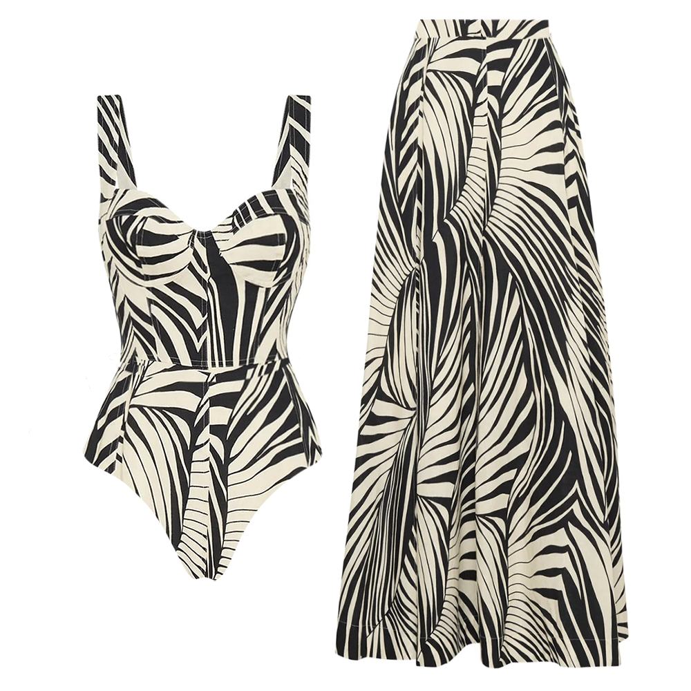 Sling Leaves Print One Piece Swimsuit and Skirt