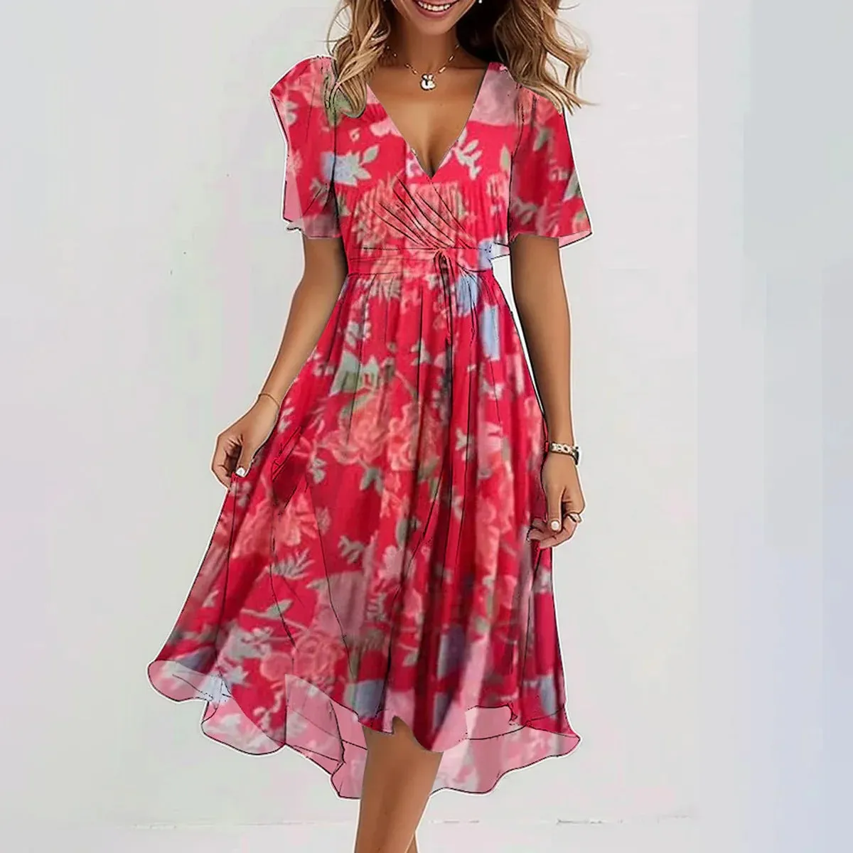 Vestido colorido com decote em V