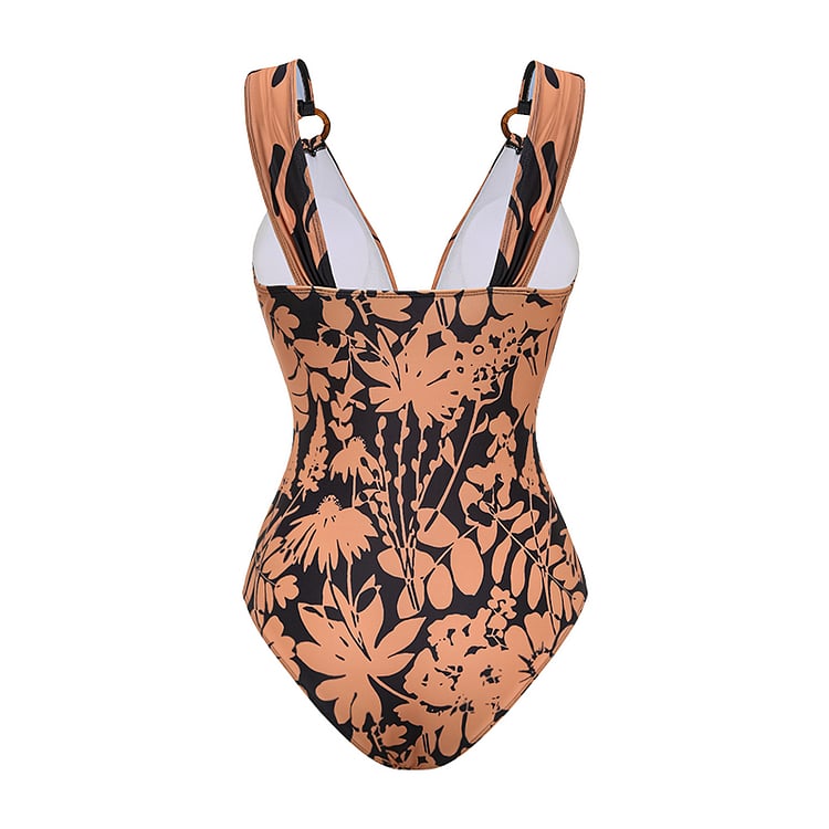 2025 New V Neck Shadow of Trees Printed One Piece Swimsuit Set