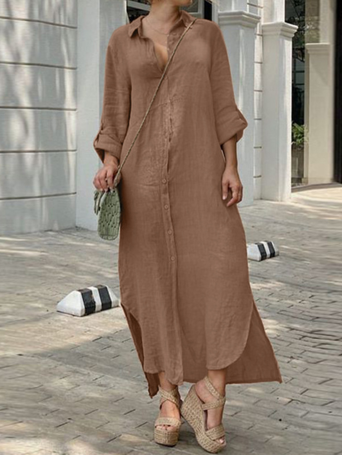 Casual Turndown Collar Single Breasted Slit Hem Midi Dress