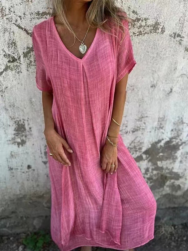 🎁Vestido de algodão e linho com gola pontuda