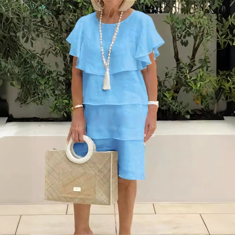 💖Šifoninė suknelė trumpomis rankovėmis ir raukiniais, iki kelių