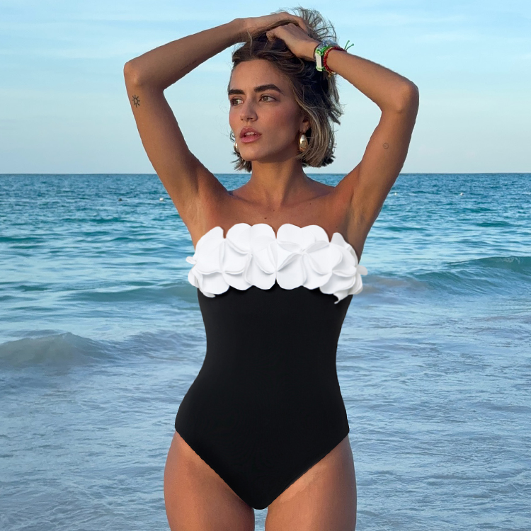 2025 New Bandeau 3D Flower Color Block One Piece Swimsuit And Skirt