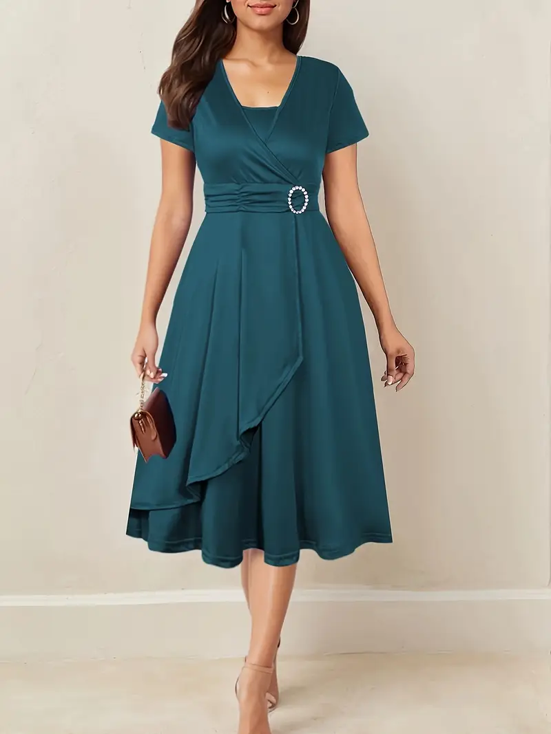 Vestido de verão feminino elegante com decote em V, cor sólida