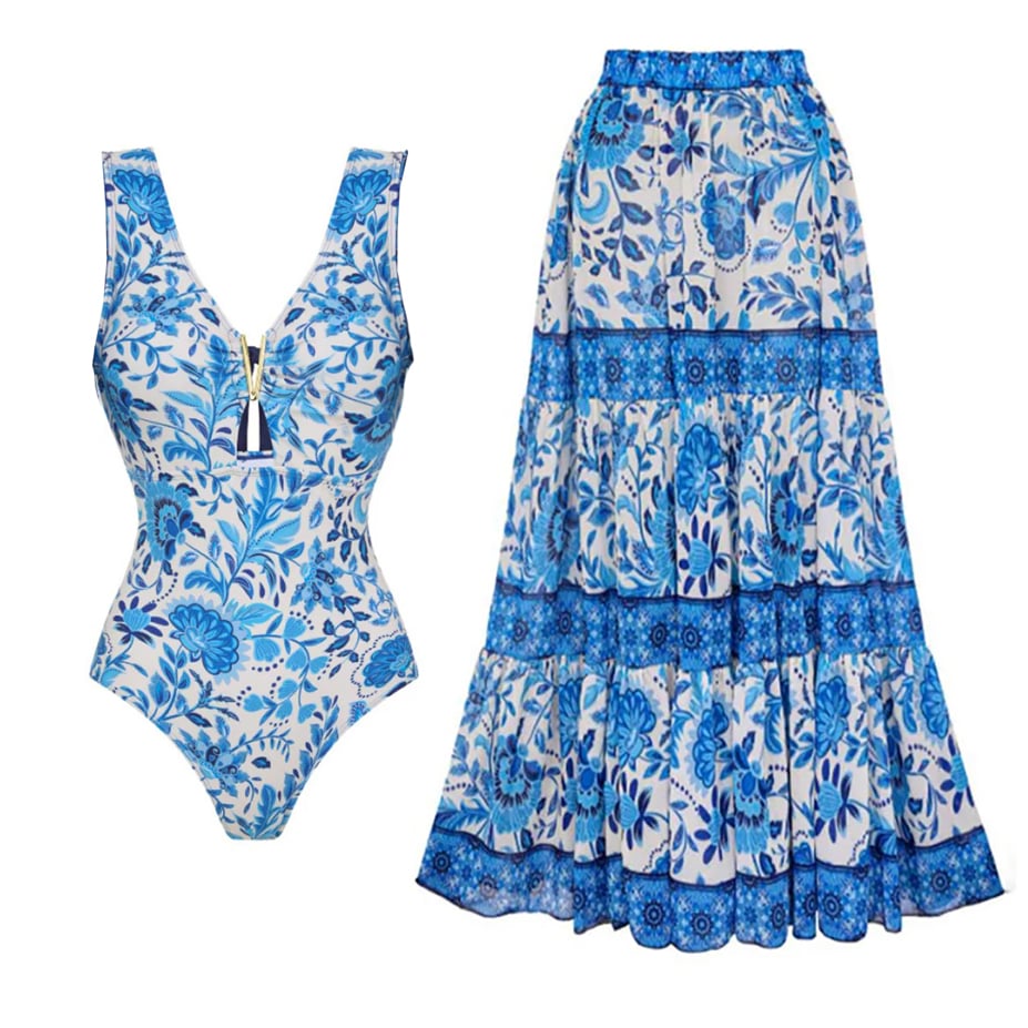 Blue printed one-piece swimming costume set 💕
