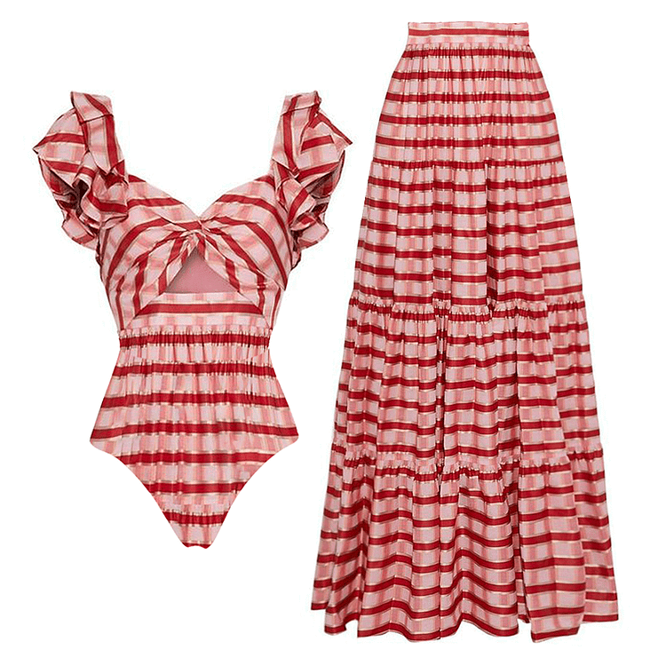 😍 Ruffle Red Striped Printed Cut Out One Piece and Skirt Swimsuit Set