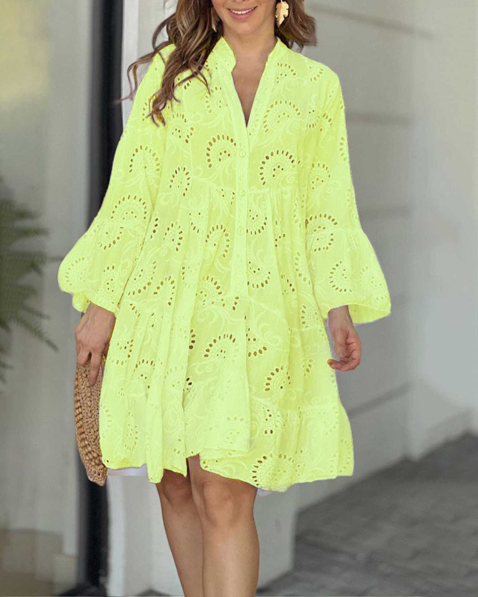 V Neck Flares Sleeve Embroidery Cotton Dress
