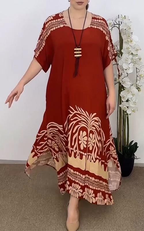 Vestido feminino solto com estampa e decote redondo