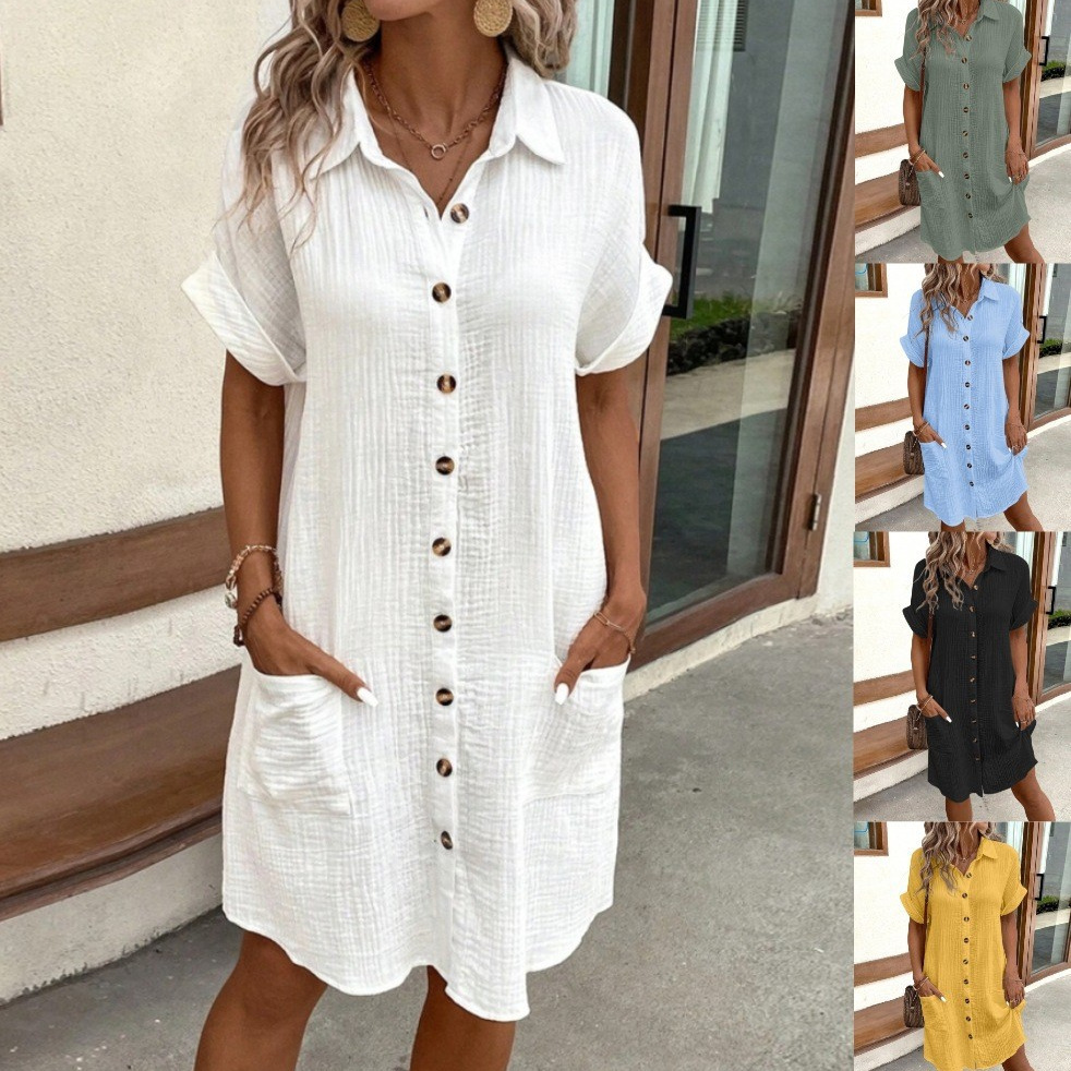 【S-3XL】Vestido camisa simples de verão 2024 com decote em V
