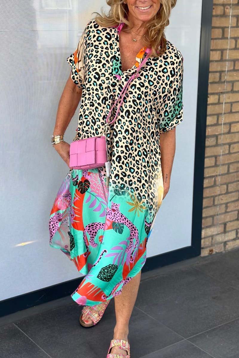 Vestido casual feminino de manga curta com estampa de leopardo