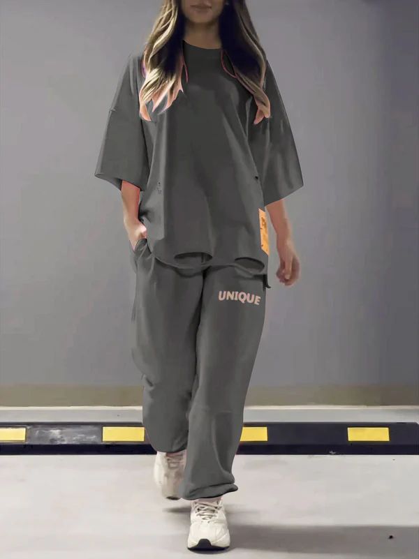 T-shirt girocollo alla moda, ampia e cava, set da due pezzi