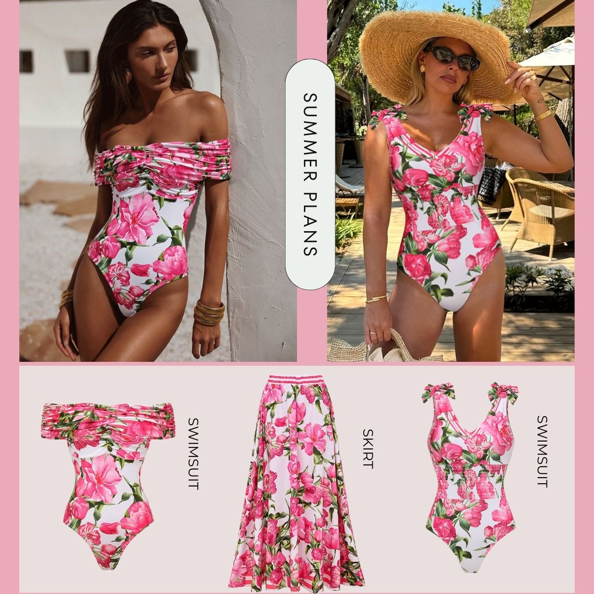 🌼 Tie Shoulder Shirring Flower Print One Piece Swimsuit and Skirt 👙
