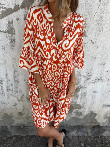 💖Limited Sale 48% OFF💖Printed V-Neck Dress with 3/4 Sleeves