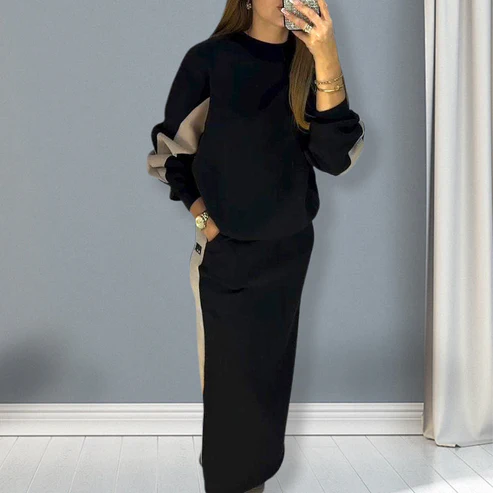 Completo top a maniche lunghe colorblock e gonna spaccata