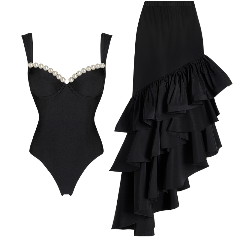 👙 Artificial Pearl One Piece Swimsuit and Skirt 🎀