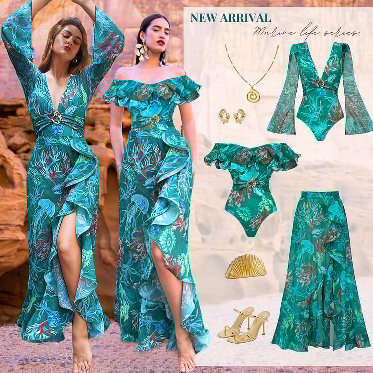 2025 New design - Removable Shoulder Strap Off Shoulder Marine Organism One Piece Swimsuit Set