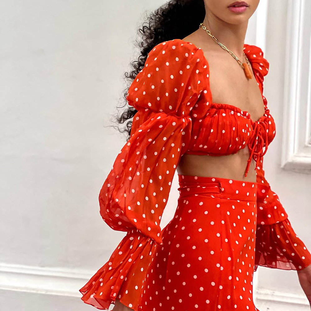 2025 New Lone Sleeve Red Polka Dots Bikini Swimsuit and Skirt