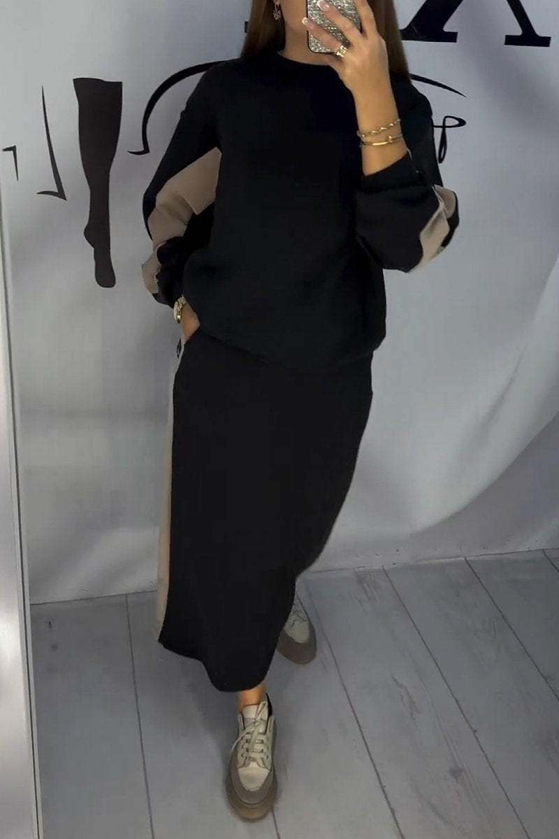 Conjunto de suéter e vestido de gola redonda