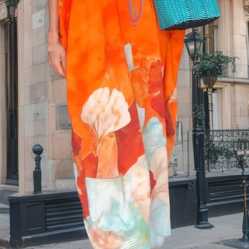 Vestido longo solto com meia manga e flores